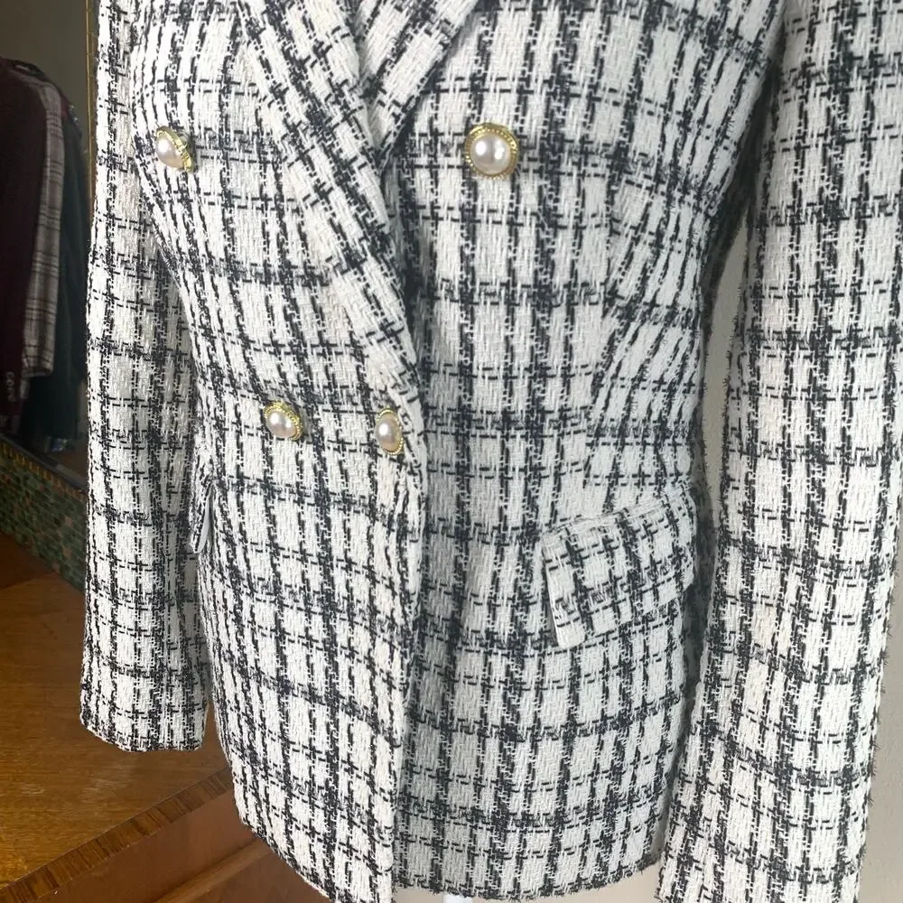 NEW Nanette Lepore Size 4 Double Breasted Tweed Blazer Jacket Plaid Career Work_5